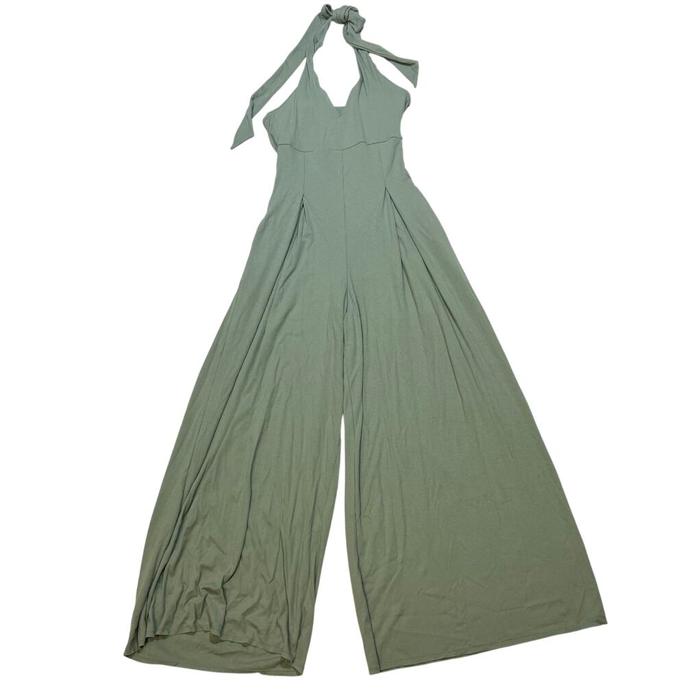 Popflex Halter Go With The Flow Jumpsuit Wide Leg Pleated Evening Moss XS Petite